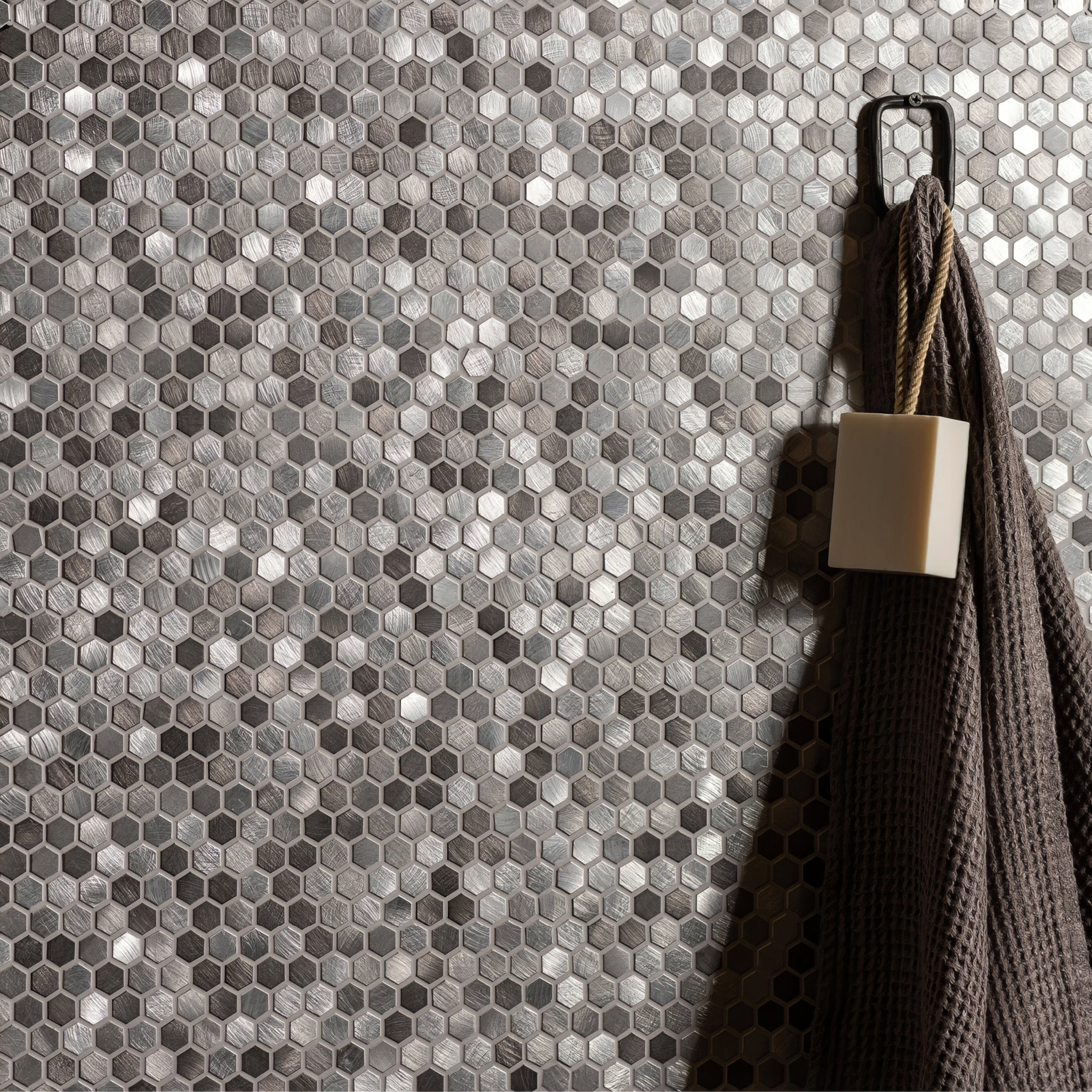 Anthe Grey Mix Micro Aluminium Hexagon Mosaic - Hyperion Tiles