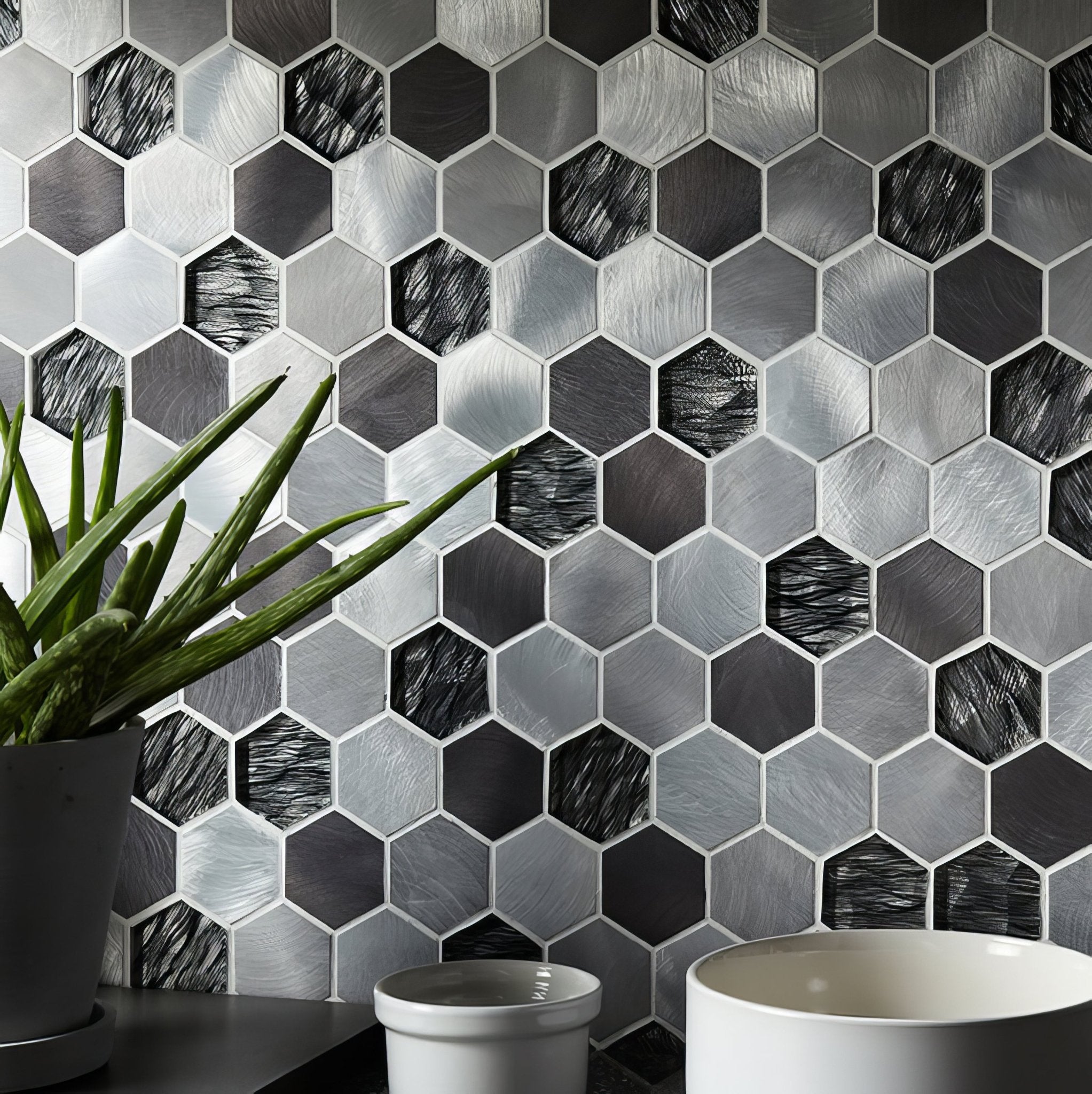 Colby Black Mix Glass & Metal Hexagon Mosaic - Hyperion Tiles