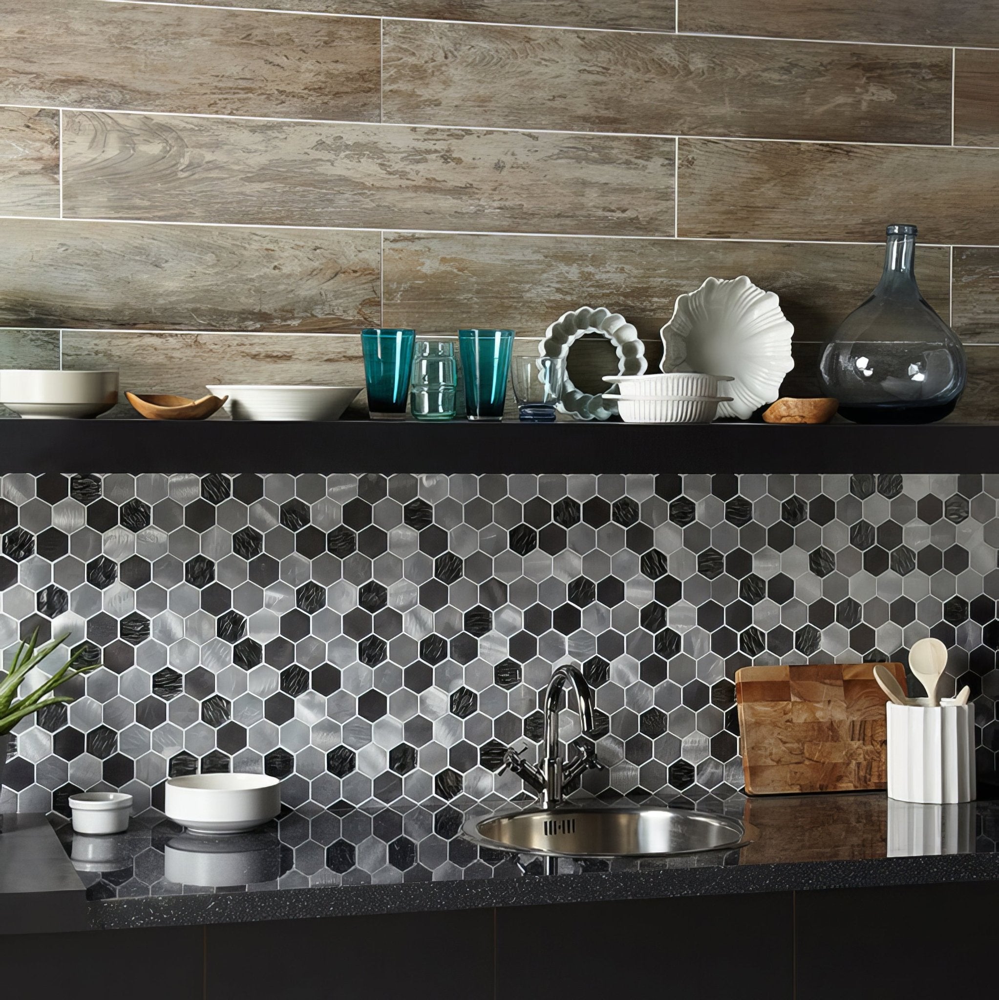 Colby Black Mix Glass & Metal Hexagon Mosaic - Hyperion Tiles