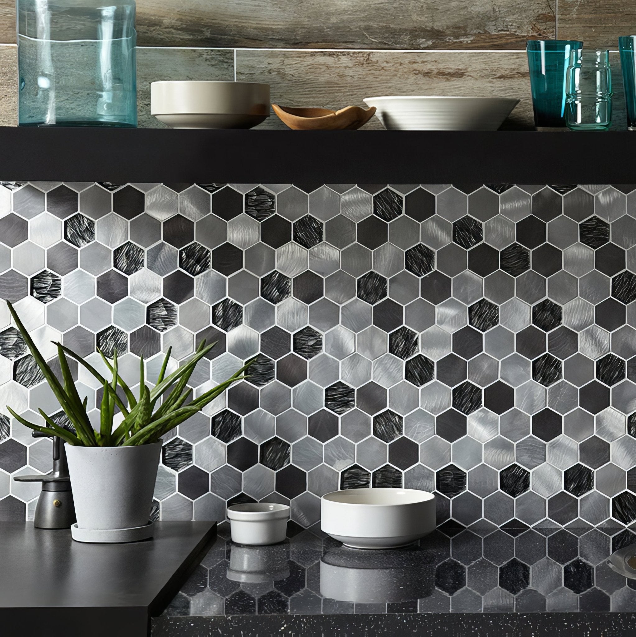 Colby Black Mix Glass & Metal Hexagon Mosaic - Hyperion Tiles