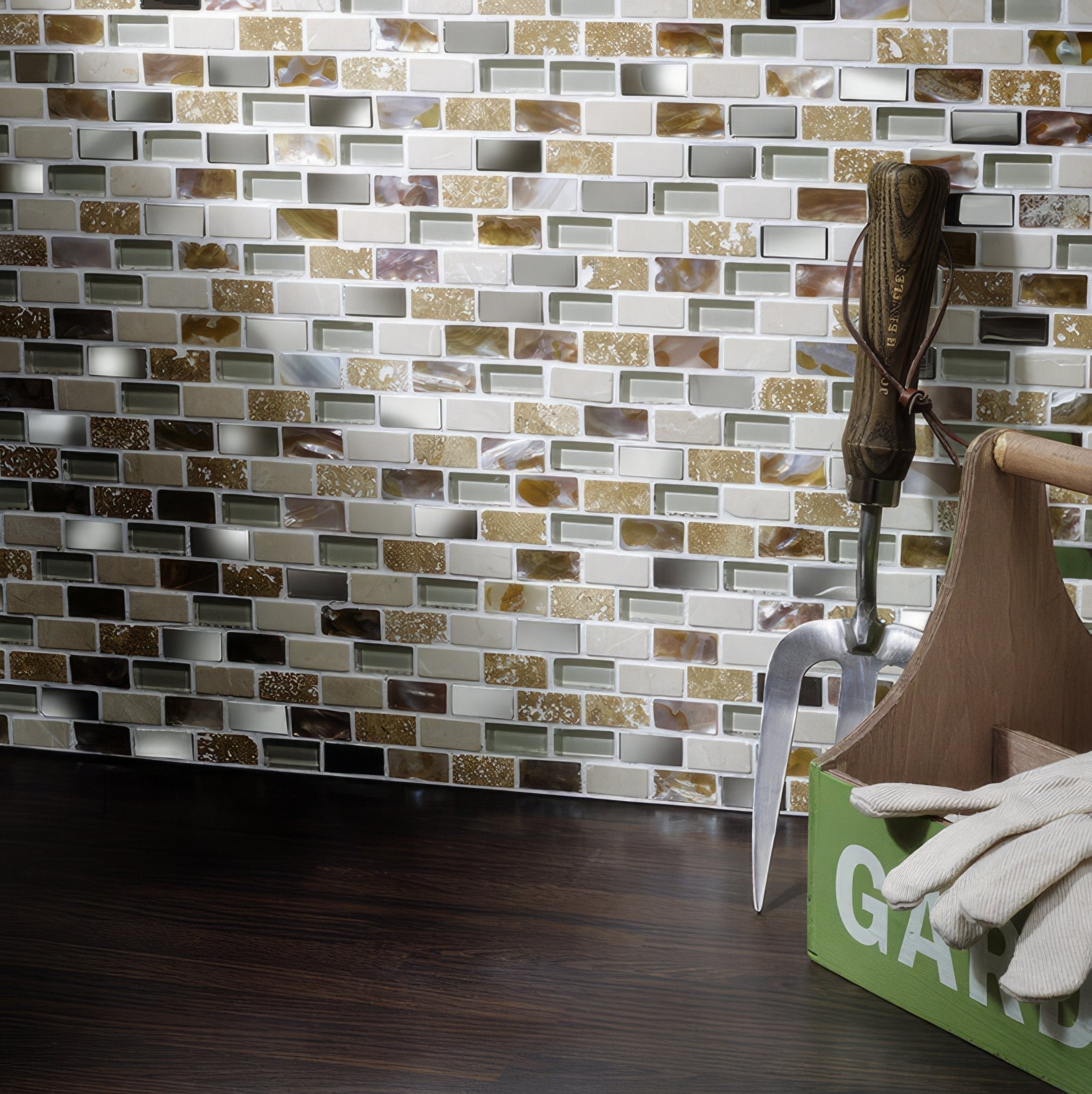 Cream Glass, Stone, Metal & Pearl Mix Mini Brick Mosaic - Hyperion Tiles