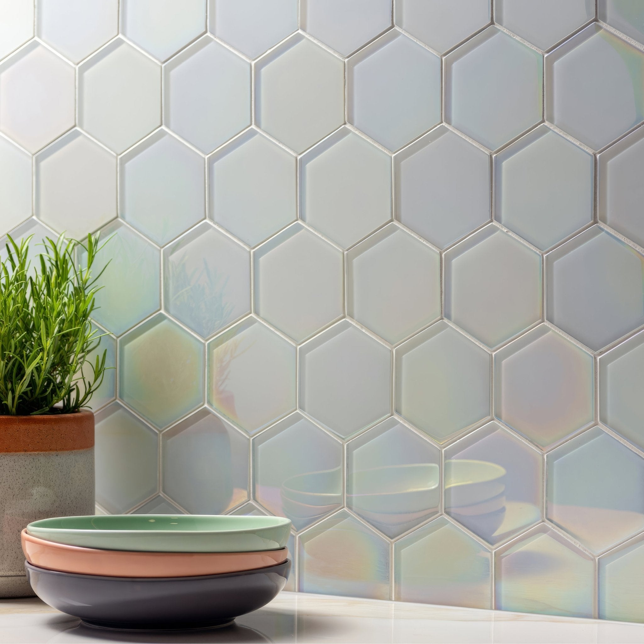 Futura Dichroic Hexagon Mosaic - Hyperion Tiles