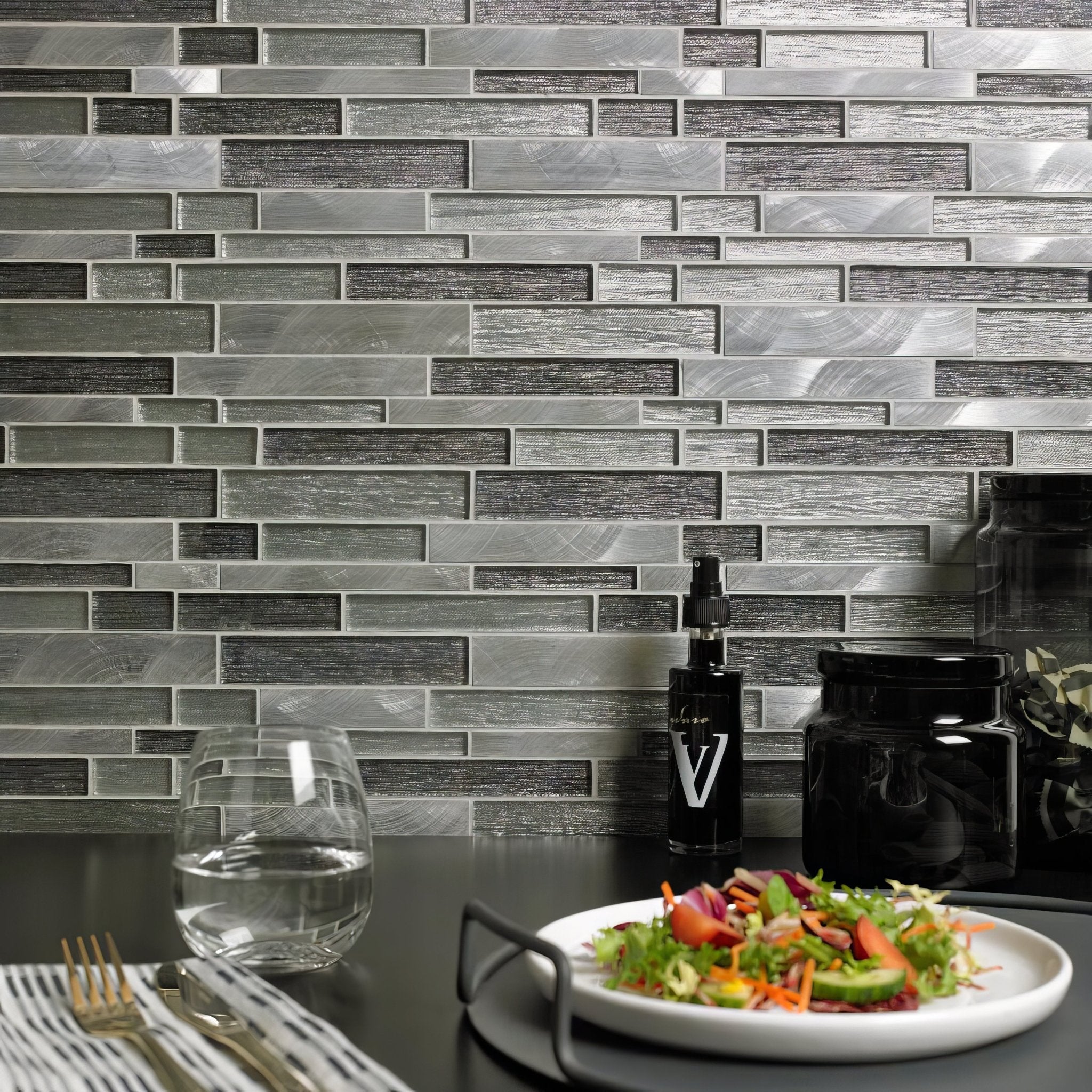 Grey Glass & Metal Mix Offset Linear Mosaic - Hyperion Tiles