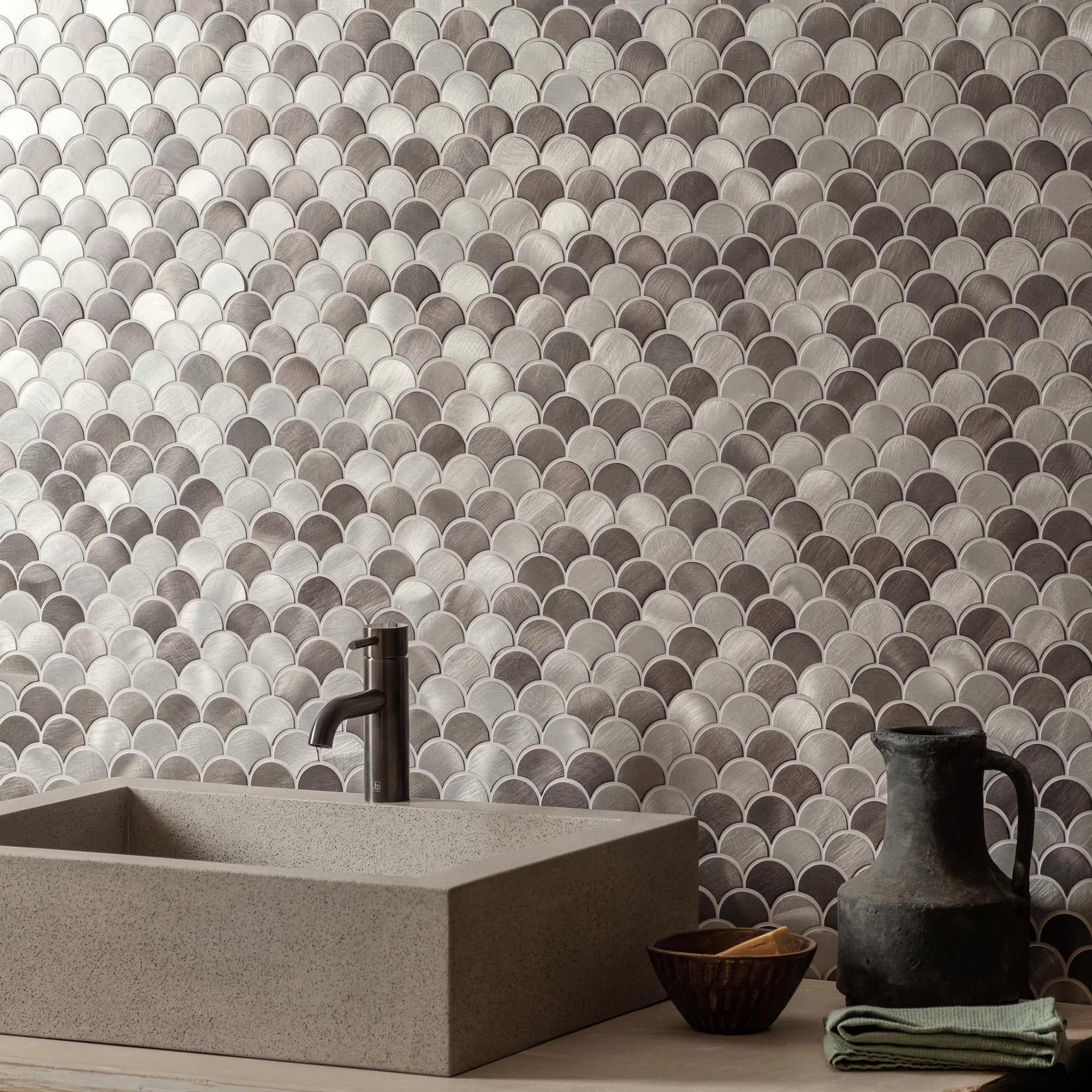 Skaro Grey and Silver Mix Scale Aluminium Mosaic - Hyperion Tiles