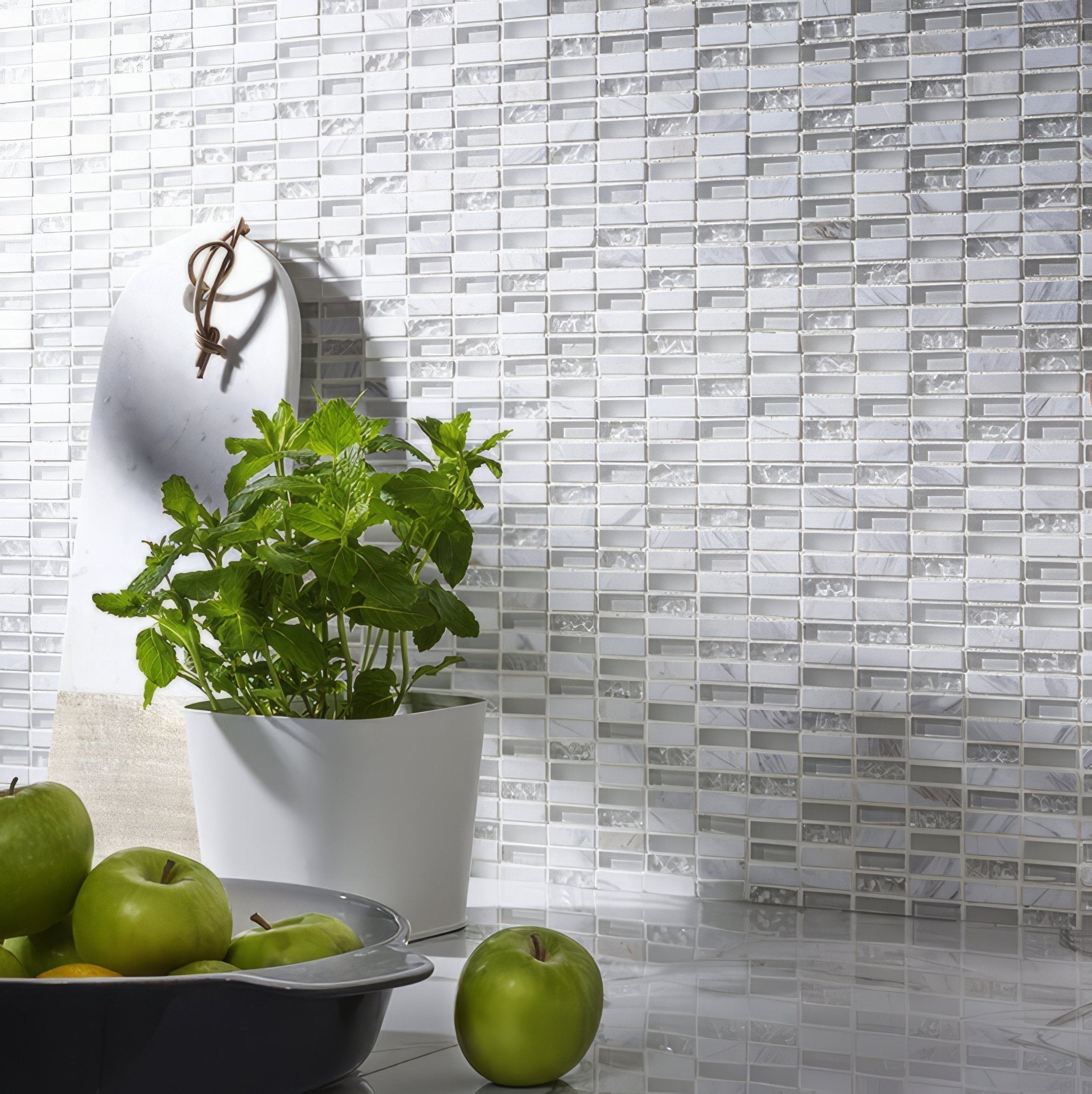 White Glass & Stone Mix Brick Mosaic - Hyperion Tiles