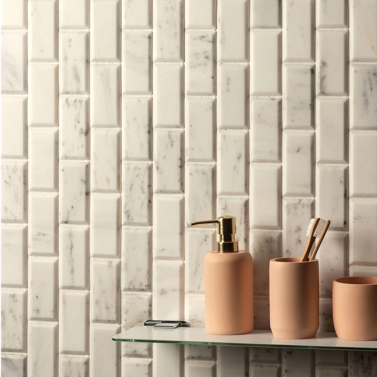 Viano White Polished Bevel Brickbond Mosaic - Hyperion Tiles